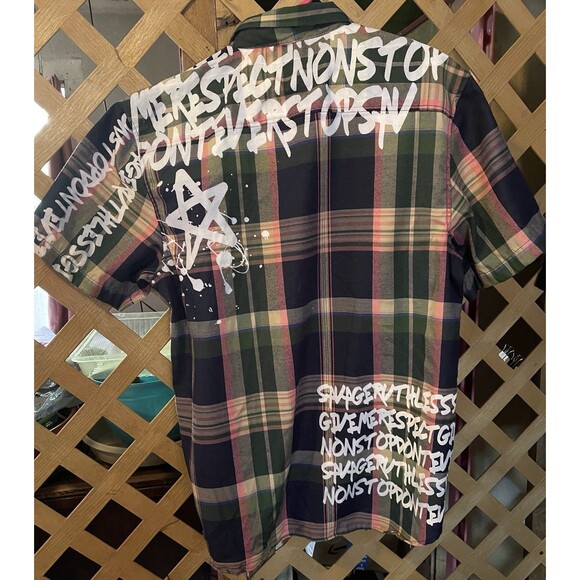ATTITUDE PLAID Graffiti Print Plaid Button Down Shirt Men's 2XL - Picture 11 of 14